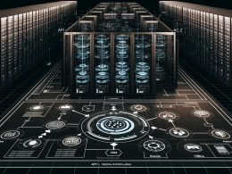 Futuristischer Datenmaschinenraum mit Serverracks, leuchtenden Schnittstellen, Datenpaketen und Architektur-Blueprint für APIs, Datenquellen und KI.