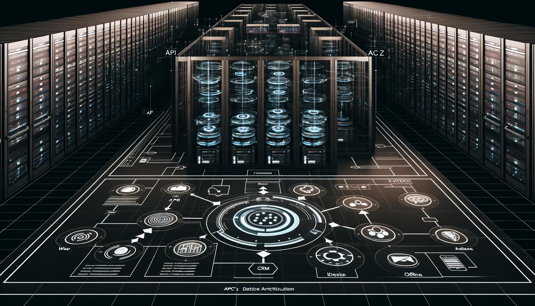 Futuristischer Datenmaschinenraum mit Serverracks, leuchtenden Schnittstellen, Datenpaketen und Architektur-Blueprint für APIs, Datenquellen und KI.