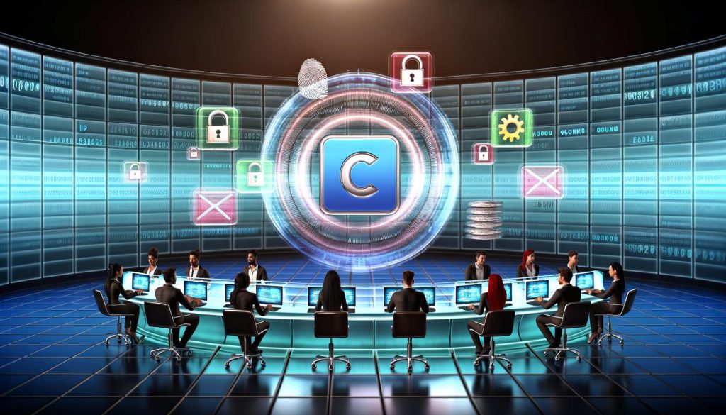 Digitale Illustration eines futuristischen Marketing-Kontrollraums mit Marketers, die vor Bildschirmen und Hologrammen Technologien zur Browser-Identifikation und Datenschutz-Symbole analysieren.