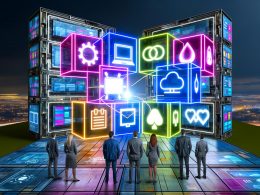 Illustration eines zukunftsorientierten Marketingteams vor einer flexiblen, modularen Digitalplattform mit leuchtenden Schnittstellen und mehreren verbundenen Endgeräten. Im Hintergrund zerfallen alte CMS-Gebäude zu Pixeln.