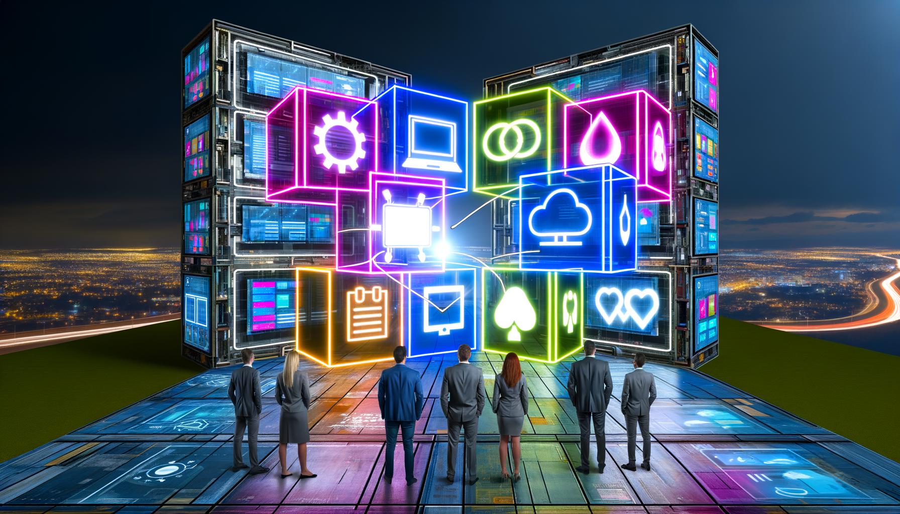 Illustration eines zukunftsorientierten Marketingteams vor einer flexiblen, modularen Digitalplattform mit leuchtenden Schnittstellen und mehreren verbundenen Endgeräten. Im Hintergrund zerfallen alte CMS-Gebäude zu Pixeln.