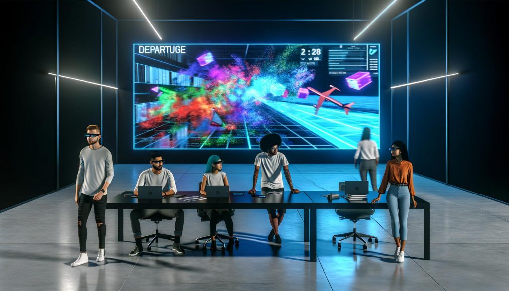 Modernes Büro mit vielfältigem Team, das um einen Tisch mit Laptops, Tablets und AR-Brillen steht. Auf einem großen Display ist eine interaktive, bunte 3D-Visualisierung einer Augmented-Reality-Kampagne zu sehen.