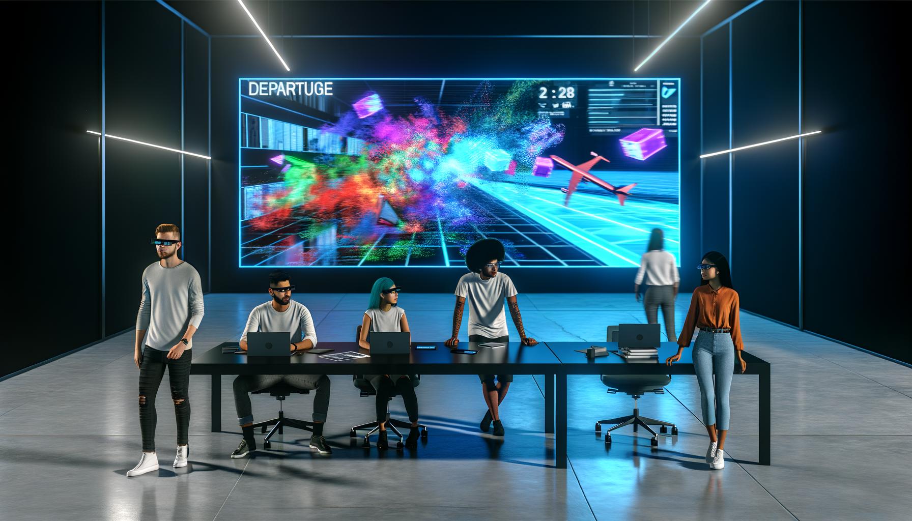 Modernes Büro mit vielfältigem Team, das um einen Tisch mit Laptops, Tablets und AR-Brillen steht. Auf einem großen Display ist eine interaktive, bunte 3D-Visualisierung einer Augmented-Reality-Kampagne zu sehen.