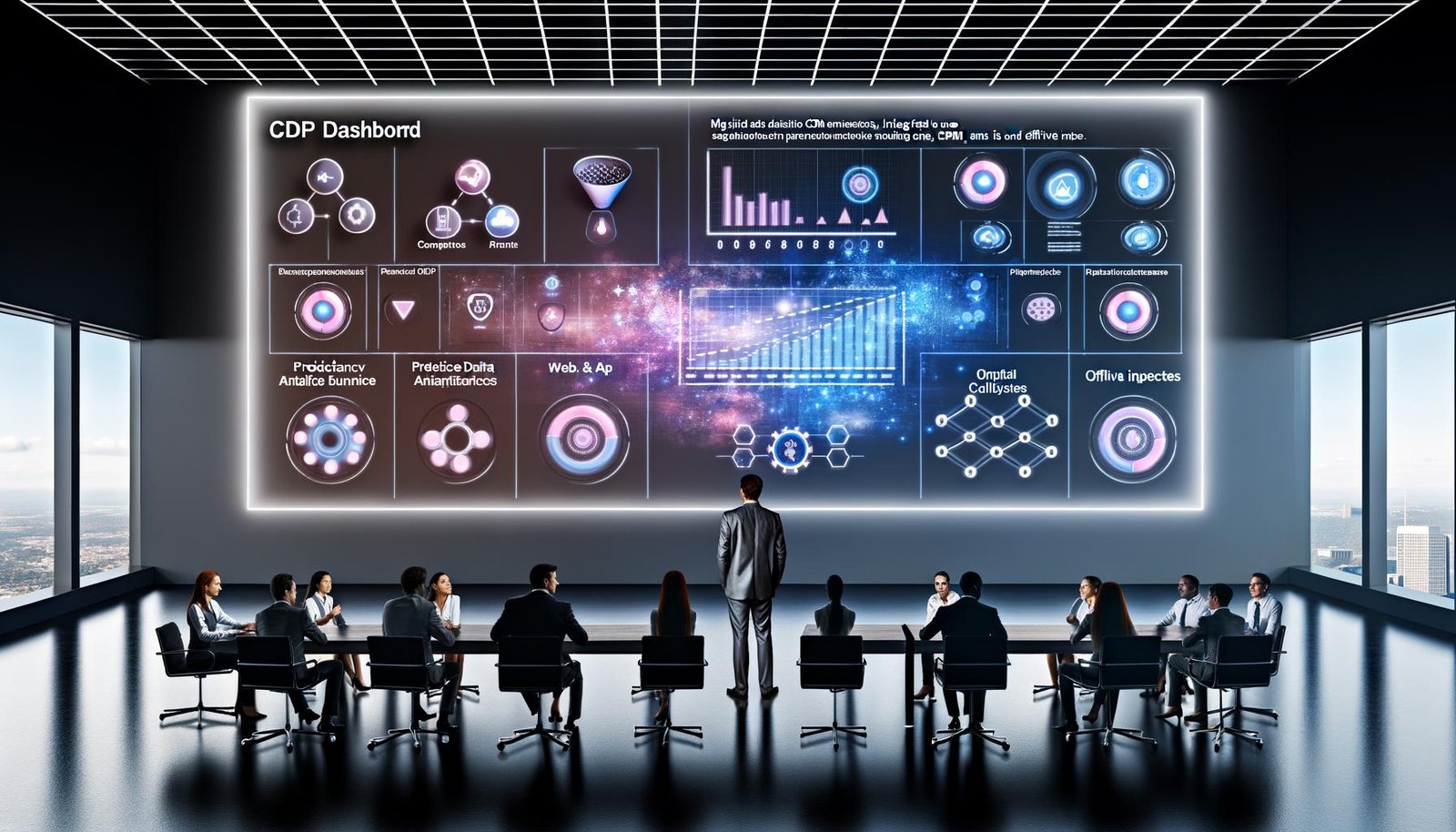 Futuristischer Arbeitsbereich mit modernen Experten, die ein großes digitales Display mit interaktivem CDP-Dashboard und 360°-Kundenansicht analysieren.