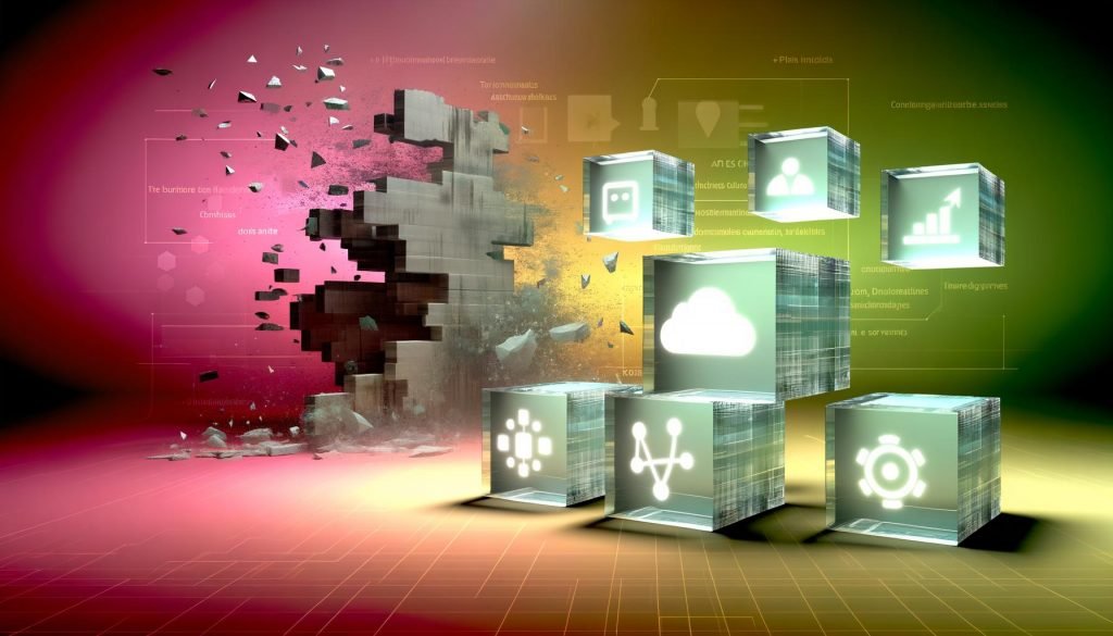 Mehrere transparente, schwebende Content-Bausteine mit Icons für moderne digitale Inhalte vor einem zerfallenden Monolithen, der alte IT-Systeme symbolisiert.