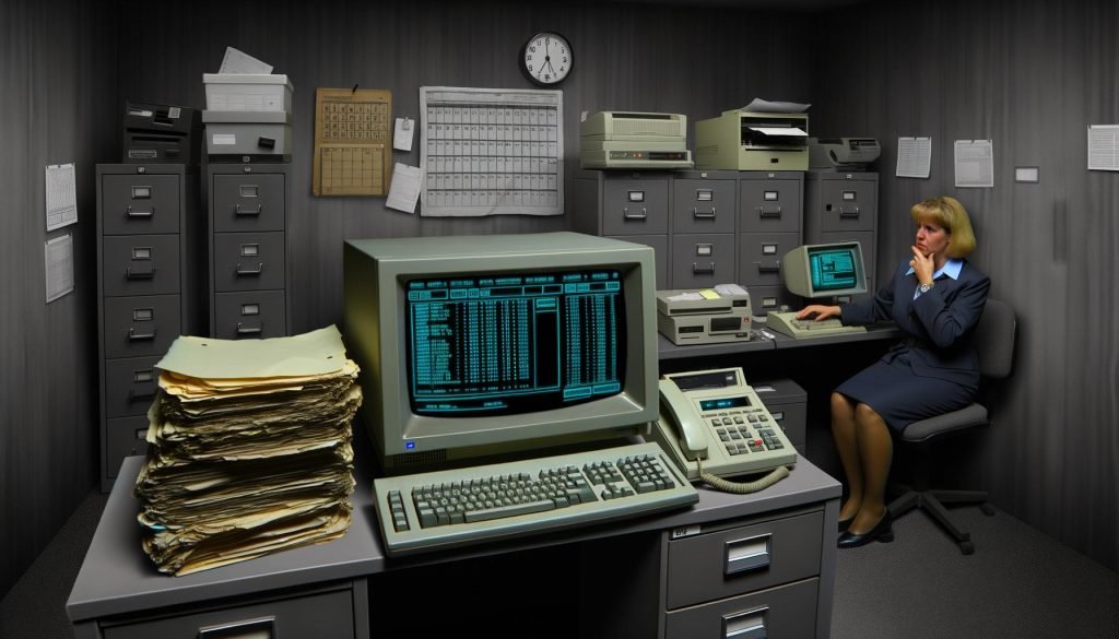 Düsteres Amtszimmer 1995 mit IBM-Computer, Nadeldrucker, Papierstapeln und resignierter Beamtin vor einem grauen Hintergrund voller Bürokratie.