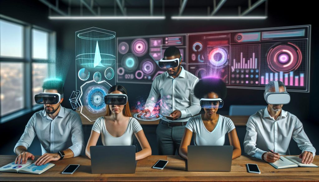 Vielfältiges Team im modernen Büro mit AR-Headsets, das holografische Produktmodelle und Datenvisualisierungen über digitalen Geräten betrachtet.