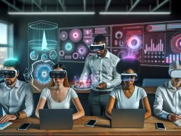 Vielfältiges Team im modernen Büro mit AR-Headsets, das holografische Produktmodelle und Datenvisualisierungen über digitalen Geräten betrachtet.