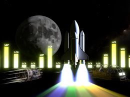 Illustration einer modernen Website als Raumschiff, verfolgt von Messlatten mit den Bezeichnungen LCP, CLS und INP, mit großer Google-Kugel im Weltall