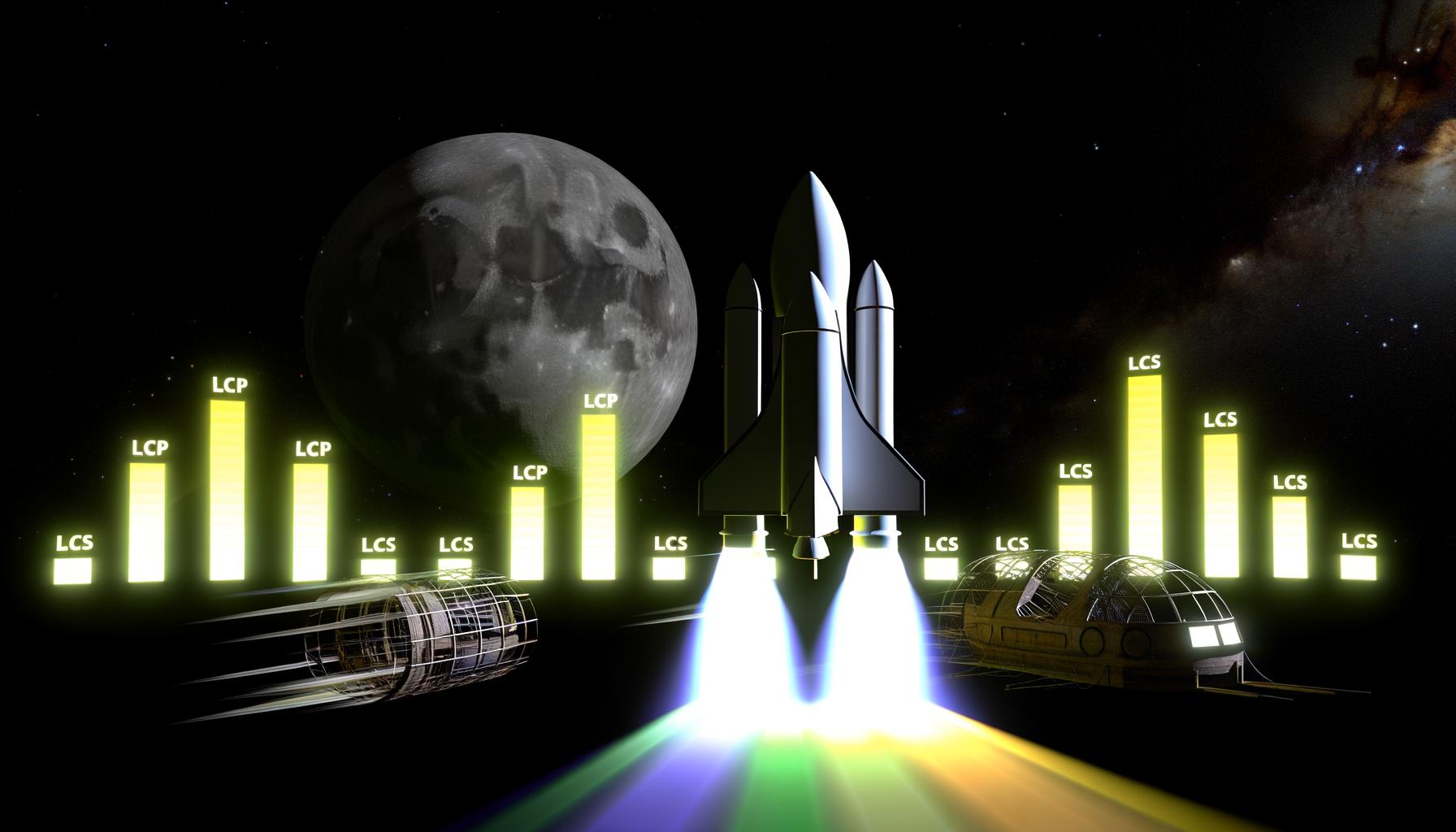 Illustration einer modernen Website als Raumschiff, verfolgt von Messlatten mit den Bezeichnungen LCP, CLS und INP, mit großer Google-Kugel im Weltall