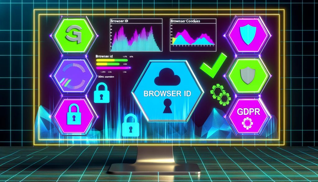 Futuristisches Dashboard mit Browser-ID-Tags, Datenschutz-Icons und Analytics-Grafiken statt klassischen Cookies auf einem modernen Computermonitor.