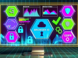 Futuristisches Dashboard mit Browser-ID-Tags, Datenschutz-Icons und Analytics-Grafiken statt klassischen Cookies auf einem modernen Computermonitor.