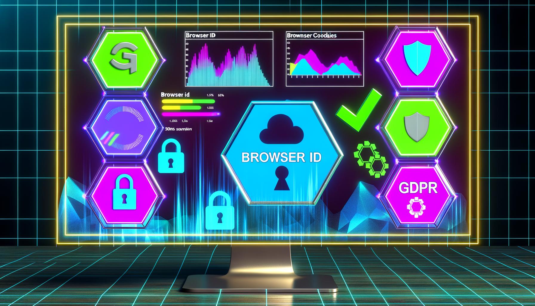 Futuristisches Dashboard mit Browser-ID-Tags, Datenschutz-Icons und Analytics-Grafiken statt klassischen Cookies auf einem modernen Computermonitor.