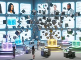 Futuristischer Kontrollraum mit schwebenden digitalen Content-Modulen, die verschiedene Medientypen darstellen und per leuchtender Linien vernetzt sind, im Hintergrund ein zerfallender monolithischer CMS-Block und kollaborierende Teammitglieder an holografischen Bildschirmen.