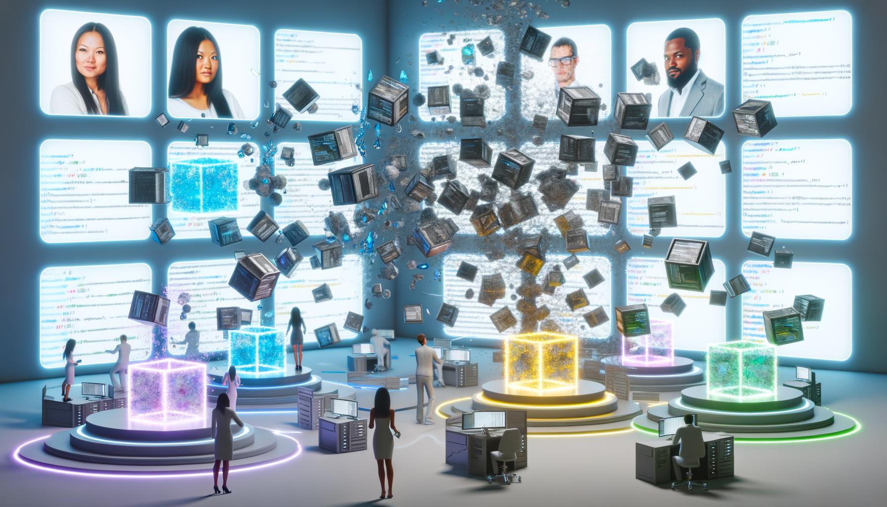 Futuristischer Kontrollraum mit schwebenden digitalen Content-Modulen, die verschiedene Medientypen darstellen und per leuchtender Linien vernetzt sind, im Hintergrund ein zerfallender monolithischer CMS-Block und kollaborierende Teammitglieder an holografischen Bildschirmen.