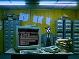 Sachbearbeiter im Bürgeramt 1995 vor Röhrenmonitor mit DOS-Maske, Papierakten, 3,5-Zoll-Disketten und Nadeldrucker in nostalgischer, dunkler Büroumgebung.