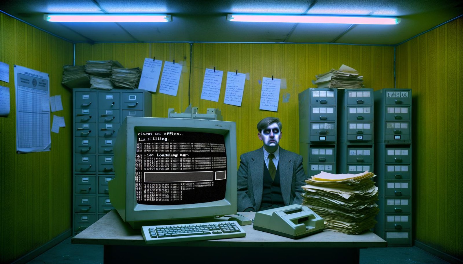 Sachbearbeiter im Bürgeramt 1995 vor Röhrenmonitor mit DOS-Maske, Papierakten, 3,5-Zoll-Disketten und Nadeldrucker in nostalgischer, dunkler Büroumgebung.