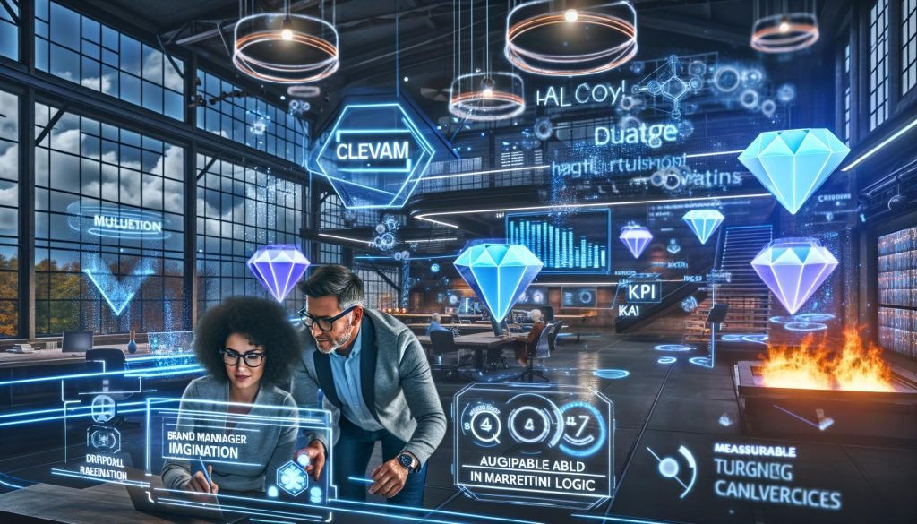 Markenverantwortliche und Entwickler gestalten gemeinsam an futuristischen Interfaces im hell beleuchteten digitalen Maschinenraum, umgeben von 3D-Grafiken, Augmented Reality und KPI-Dashboards.