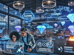 Markenverantwortliche und Entwickler gestalten gemeinsam an futuristischen Interfaces im hell beleuchteten digitalen Maschinenraum, umgeben von 3D-Grafiken, Augmented Reality und KPI-Dashboards.