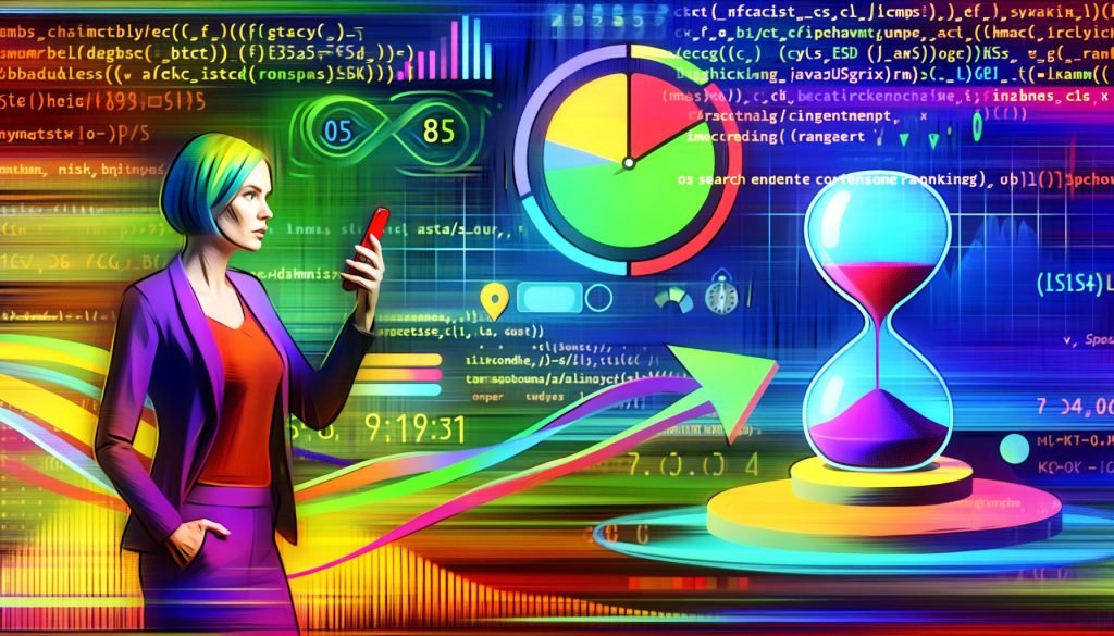 Halb-abstrakte Illustration einer genervten Frau mit Smartphone vor einem überladenen Bildschirm voller JavaScript-Code, Tracking-Pixeln und langsamen UI-Elementen, während eine Sanduhr ihre Aktion blockiert.