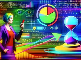 Halb-abstrakte Illustration einer genervten Frau mit Smartphone vor einem überladenen Bildschirm voller JavaScript-Code, Tracking-Pixeln und langsamen UI-Elementen, während eine Sanduhr ihre Aktion blockiert.