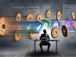 Illustration eines Marketers an einem Schreibtisch, umgeben von schwebenden Browserfenstern, zerfallenden Cookies und Symbolen für fortschrittliche Tracking-Methoden. Browser-Maskottchen schützen vor alten Cookies, lassen jedoch moderne Identifikatoren zu.