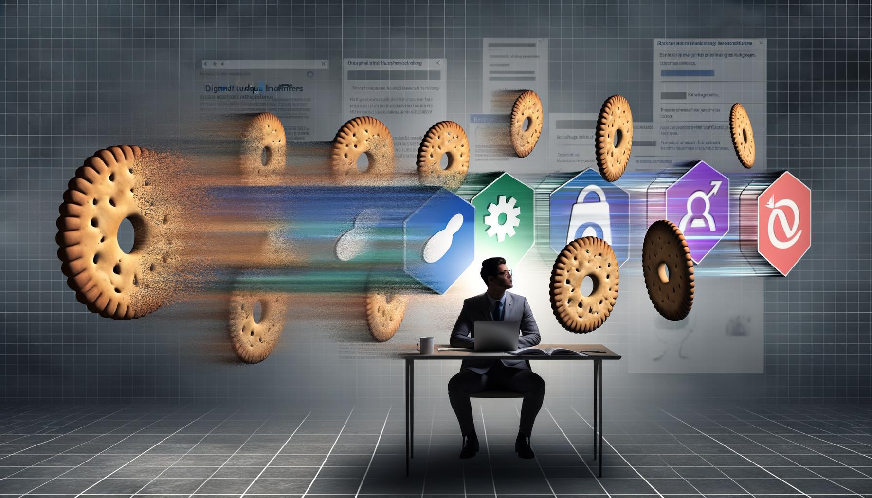 Illustration eines Marketers an einem Schreibtisch, umgeben von schwebenden Browserfenstern, zerfallenden Cookies und Symbolen für fortschrittliche Tracking-Methoden. Browser-Maskottchen schützen vor alten Cookies, lassen jedoch moderne Identifikatoren zu.