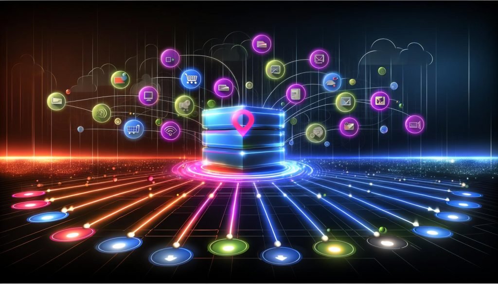Moderne Illustration einer CDP-Plattform als leuchtender Server, von dem bunte Datenströme zu verschiedenen digitalen Systemen wie CRM, Social Media und E-Commerce führen. Abstrakte Silos im Hintergrund symbolisieren aufgebrochene Datenspeicher durch zentrale Integration.