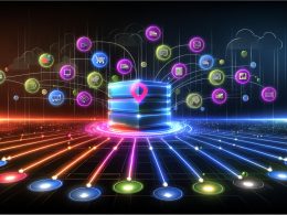 Moderne Illustration einer CDP-Plattform als leuchtender Server, von dem bunte Datenströme zu verschiedenen digitalen Systemen wie CRM, Social Media und E-Commerce führen. Abstrakte Silos im Hintergrund symbolisieren aufgebrochene Datenspeicher durch zentrale Integration.