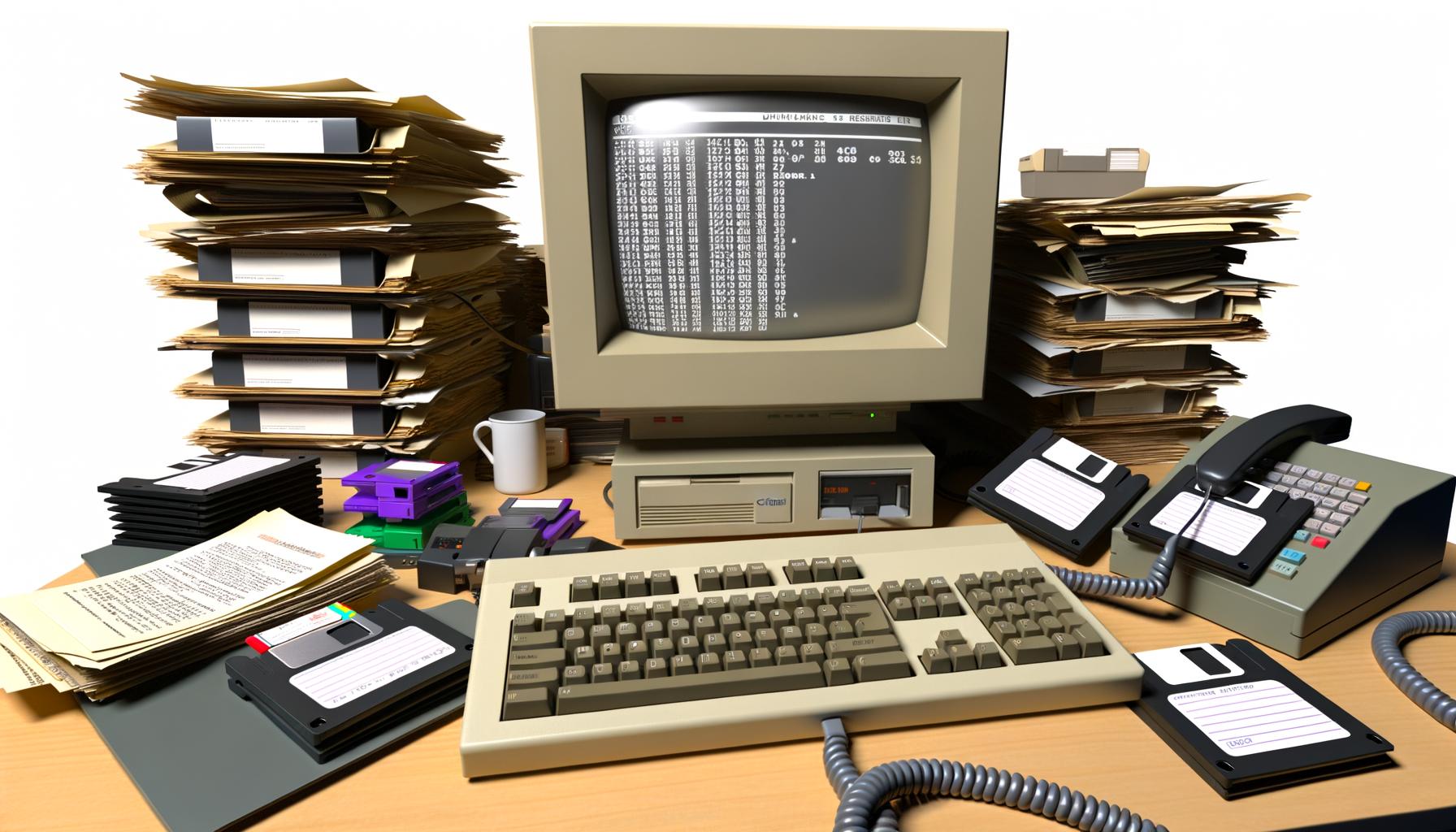 Überfüllter Schreibtisch mit Röhrenmonitor, Disketten, Faxgerät, Papierstapeln und Drehscheibentelefon in einem deutschen Büro von 1995