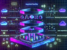 Mehrschichtiges Architekturmodell einer erfolgreichen AR-Kampagnenstruktur, unterteilt in Strategie, Technik, User Experience und Analytics, umgeben von AR-spezifischen Symbolen und digitalen Overlays.