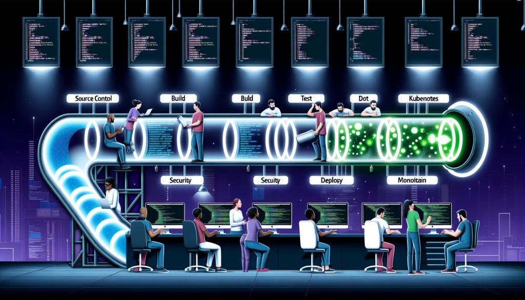 Futuristische CI/CD-Pipeline mit diversen Ingenieuren, modernen Dashboards, automatisierten Abläufen und DevOps-Icons wie Git, Docker, Kubernetes und Terraform.