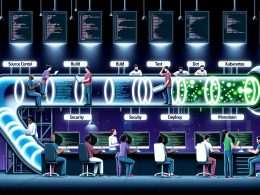 Futuristische CI/CD-Pipeline mit diversen Ingenieuren, modernen Dashboards, automatisierten Abläufen und DevOps-Icons wie Git, Docker, Kubernetes und Terraform.