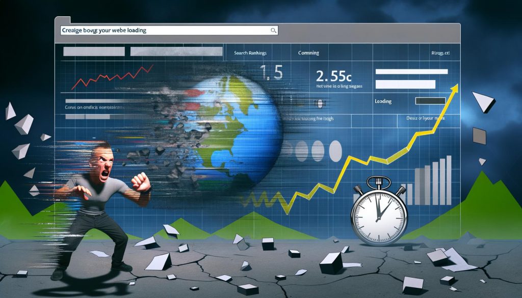 Illustration einer modernen Website mit langsamer Ladezeit, ungeduldigem Nutzer, fallenden Traffic-Charts und überladenen Skripten und Bildern.