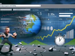 Illustration einer modernen Website mit langsamer Ladezeit, ungeduldigem Nutzer, fallenden Traffic-Charts und überladenen Skripten und Bildern.