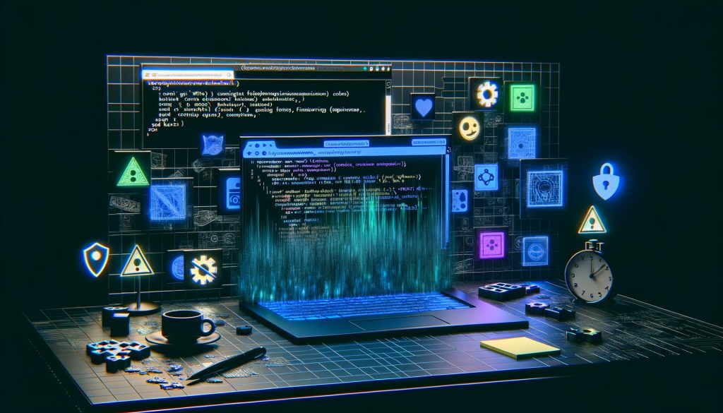 Dunkler, futuristischer Arbeitsplatz mit Laptop, der Entwickler-Tools und Browser-Fingerprinting-Informationen anzeigt, umgeben von Privatsphäre-Symbolen, Cookie-Verbotsicons und schwebenden Browser-Logos, sowie einem Schweizer Uhrendesign und Notizen zu Datenschutz.