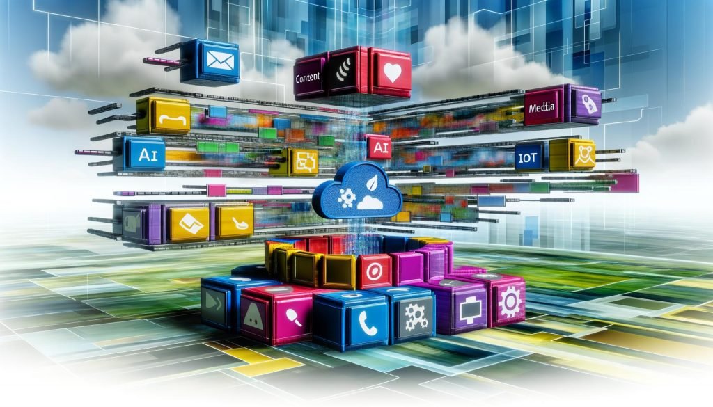 Futuristische Illustration eines Content-Hubs mit modularen digitalen Bausteinen und APIs, von denen Datenströme zu verschiedenen Ausgabekanälen führen, inspiriert vom Cyberspace-Design.