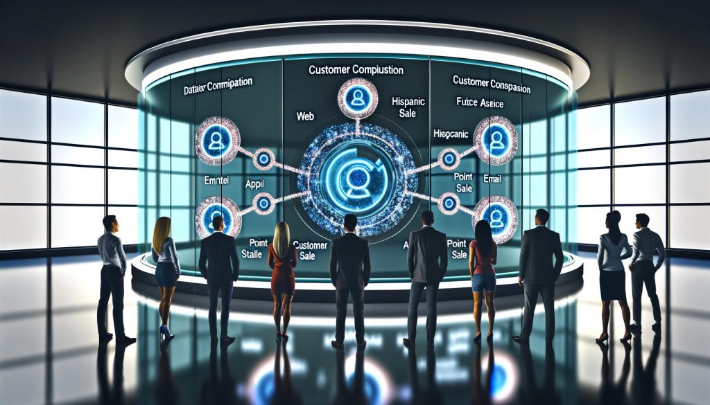 Futuristisches Marketing-Kontrollzentrum mit Team vor digitaler Kundenprofil-Wand, umgeben von Datenkanal-Icons und animierter Datenintegration.