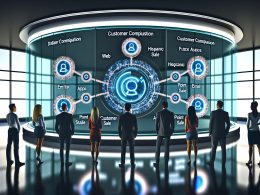 Futuristisches Marketing-Kontrollzentrum mit Team vor digitaler Kundenprofil-Wand, umgeben von Datenkanal-Icons und animierter Datenintegration.