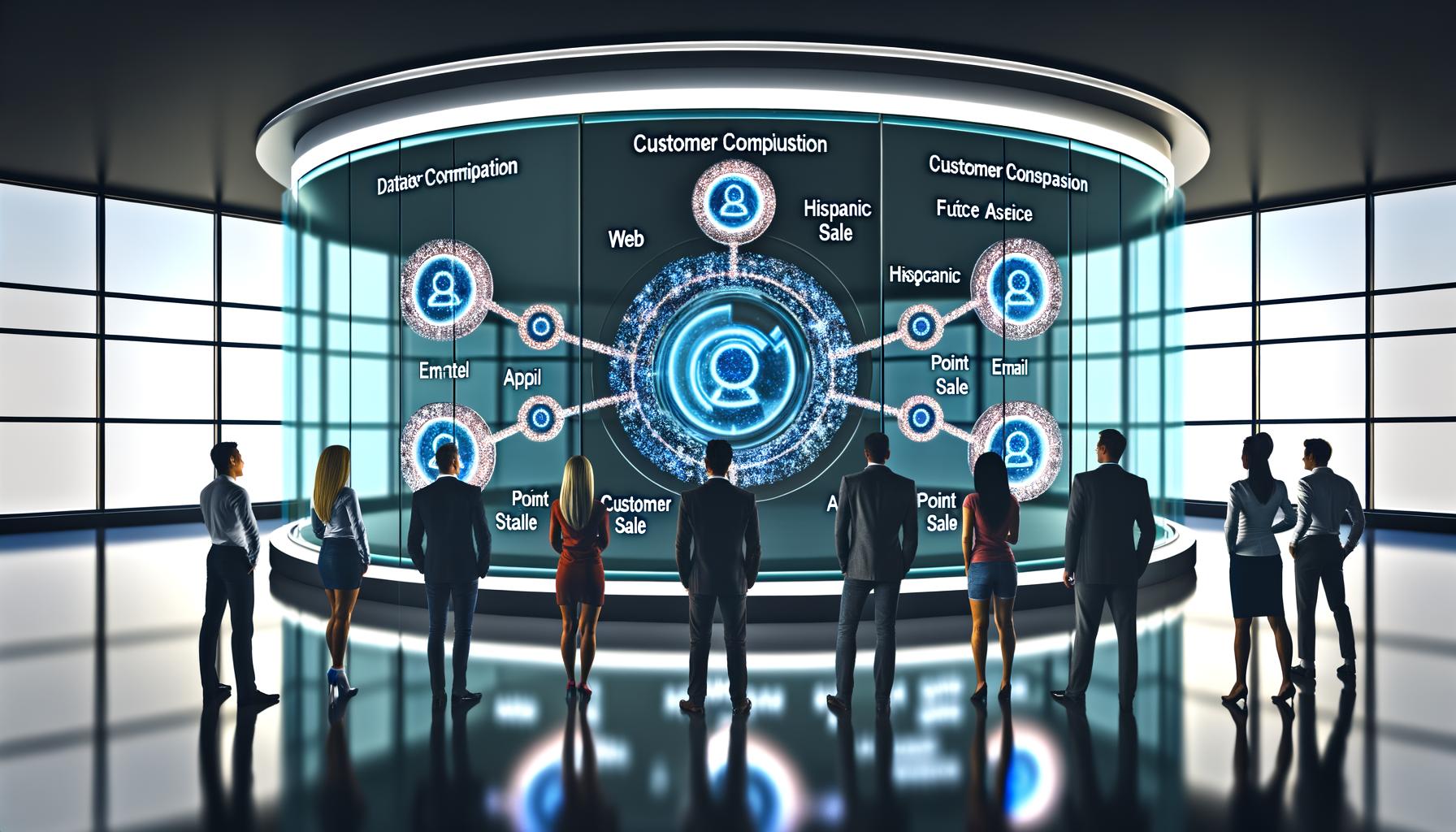 Futuristisches Marketing-Kontrollzentrum mit Team vor digitaler Kundenprofil-Wand, umgeben von Datenkanal-Icons und animierter Datenintegration.