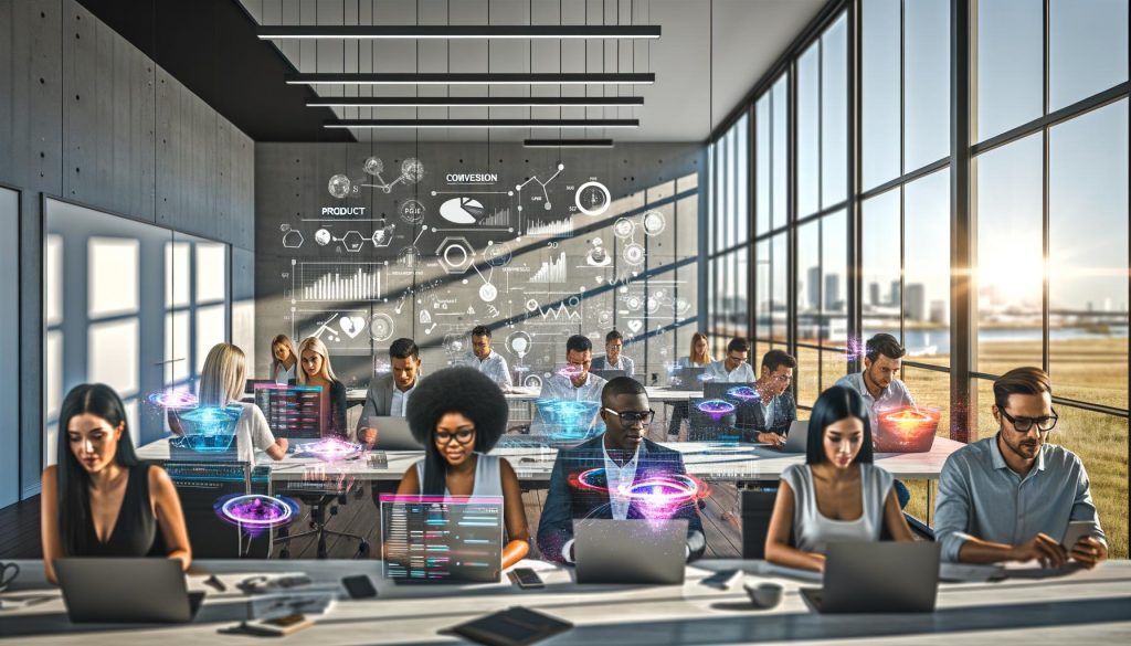 Marketing-Team in modernem Büro arbeitet an Laptops mit holographischen Augmented-Reality-Elementen und digitalen Dashboards