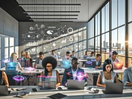 Marketing-Team in modernem Büro arbeitet an Laptops mit holographischen Augmented-Reality-Elementen und digitalen Dashboards