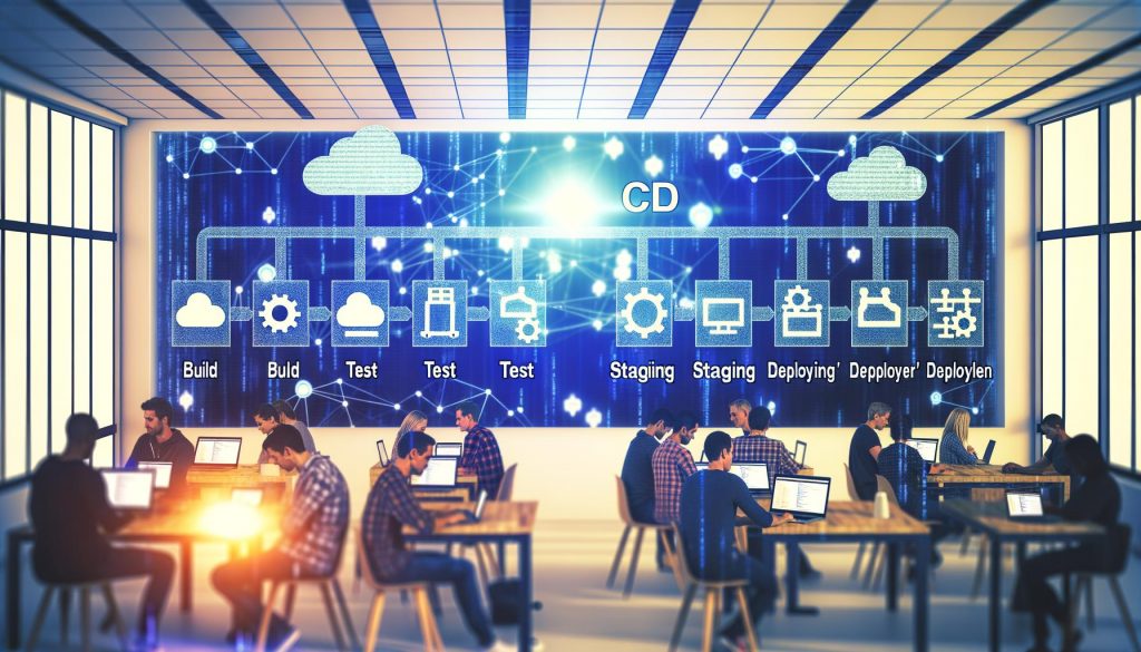Illustration eines modernen Entwicklerteams, das vor Monitoren mit leuchtenden CI/CD Pipeline-Darstellungen sitzt. Im Hintergrund schweben Codezeilen und Cloud-Symbole. Arbeitsatmosphäre geprägt von Automation und Produktivität.