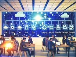 Illustration eines modernen Entwicklerteams, das vor Monitoren mit leuchtenden CI/CD Pipeline-Darstellungen sitzt. Im Hintergrund schweben Codezeilen und Cloud-Symbole. Arbeitsatmosphäre geprägt von Automation und Produktivität.