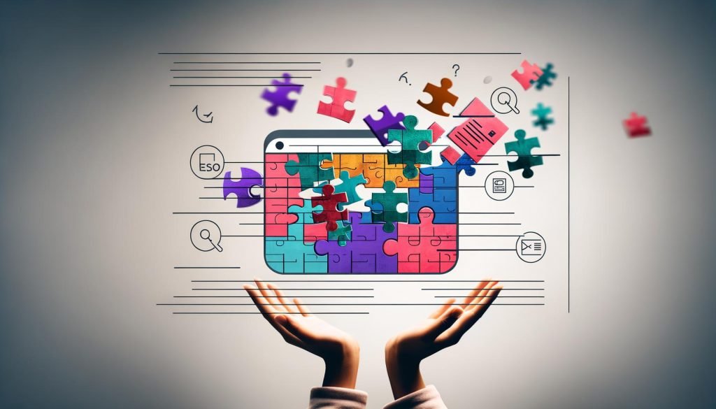 Energetische Illustration eines modernen Webseiten-Layouts auf einem Bildschirm, dessen Elemente wild auseinanderfliegen, umgeben von Icons für SEO, Google Ranking und Core Web Vitals.