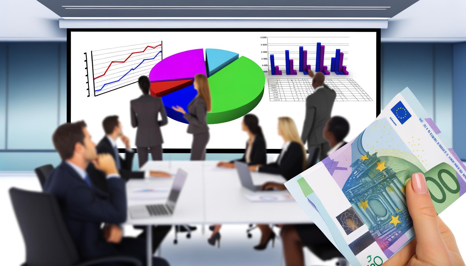 Geschäftsleute an einem Konferenztisch vor bunten Präsentationsfolien, ein ratloser Teilnehmer mit leerem Datenblatt und unscharfen Geldscheinen im Vordergrund als Symbol für Geldverschwendung.