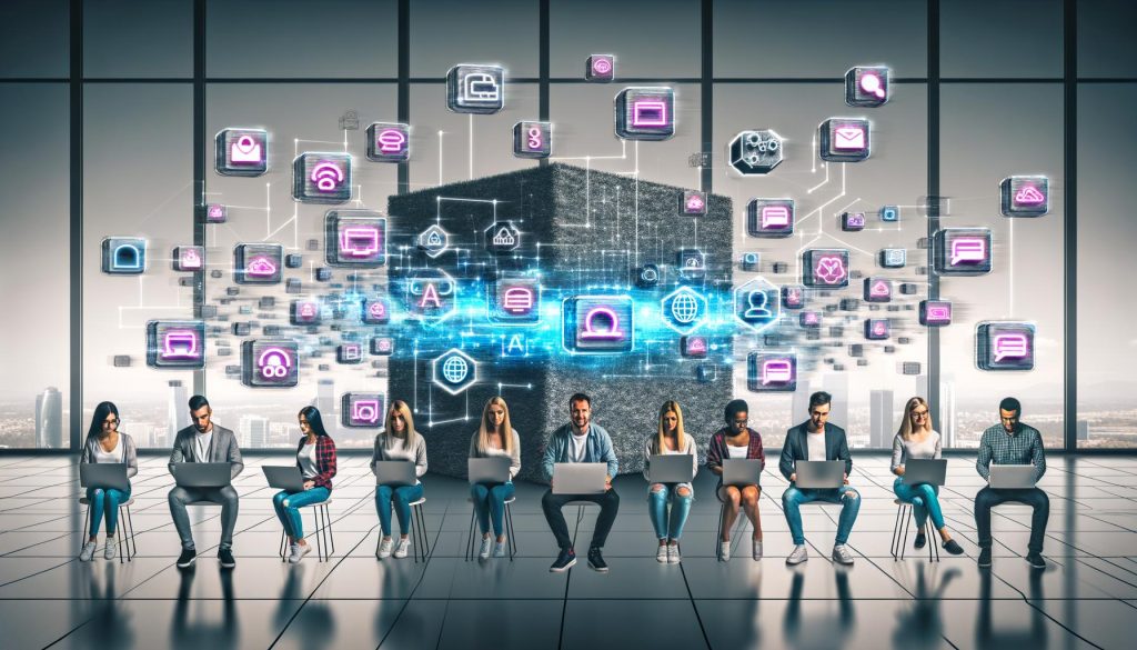 Modernes IT- und Marketing-Team in einem hellen Raum vor einer virtuellen Leinwand mit 3D-Symbolen für Content, APIs, Microservices und Headless-Architekturen; Symbole für Websites, Apps, Sprachassistenten und IoT-Geräte; im Hintergrund ein massiver, verblassender Monolith.