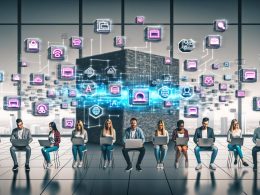 Modernes IT- und Marketing-Team in einem hellen Raum vor einer virtuellen Leinwand mit 3D-Symbolen für Content, APIs, Microservices und Headless-Architekturen; Symbole für Websites, Apps, Sprachassistenten und IoT-Geräte; im Hintergrund ein massiver, verblassender Monolith.