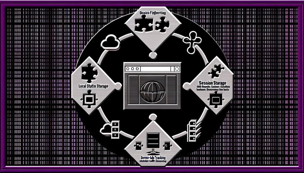 Illustration eines Browserfensters mit Symbolen für Geräte-Fingerprinting, lokale und Session-Speicherung, IndexedDB, ETag-Tracking und serverseitige Zuordnung, umgeben von Matrix- und Datenschutz-Elementen.