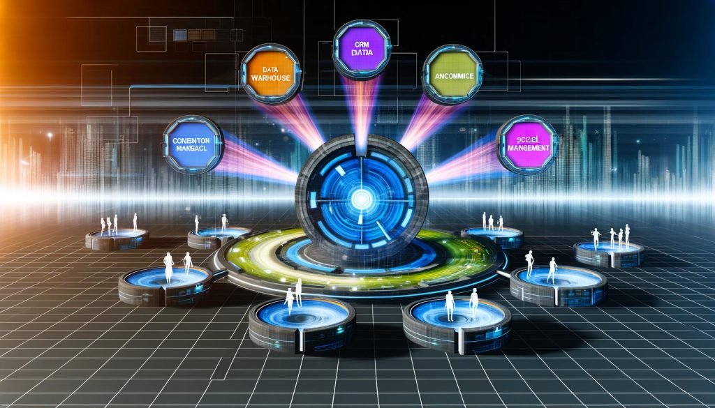 Futuristisches Kontrollzentrum mit zentraler CDP-Einheit, leuchtenden Datenströmen zu Modulen wie CRM, Data Warehouse, E-Commerce, Analytics, Social Media sowie abstrahierten Marketing-Figuren vor urbaner Skyline.